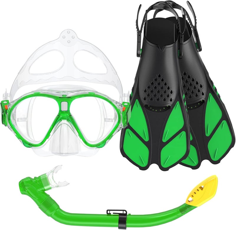 Seovediary Kids Snorkel Set, Mask Fins Snorkeling Gear for Kids Anti-Fog Swim Goggles 180 Panoramic View Dry Top Snorkel and Dive Flippers Combo with Travel Bag for Snorkeling Training Swimming Diving - Image 1